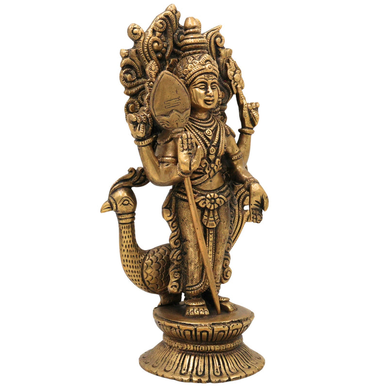 Brass Murugan Idol for Pooja | Kartikeya Skanda Subramanya Shanmukha Kumara Swamy Vel Murugan Statue | Handcrafted Peetal Moorti for Home Temple Decor & Gift,Gold, 10 Inch, 1 Piece