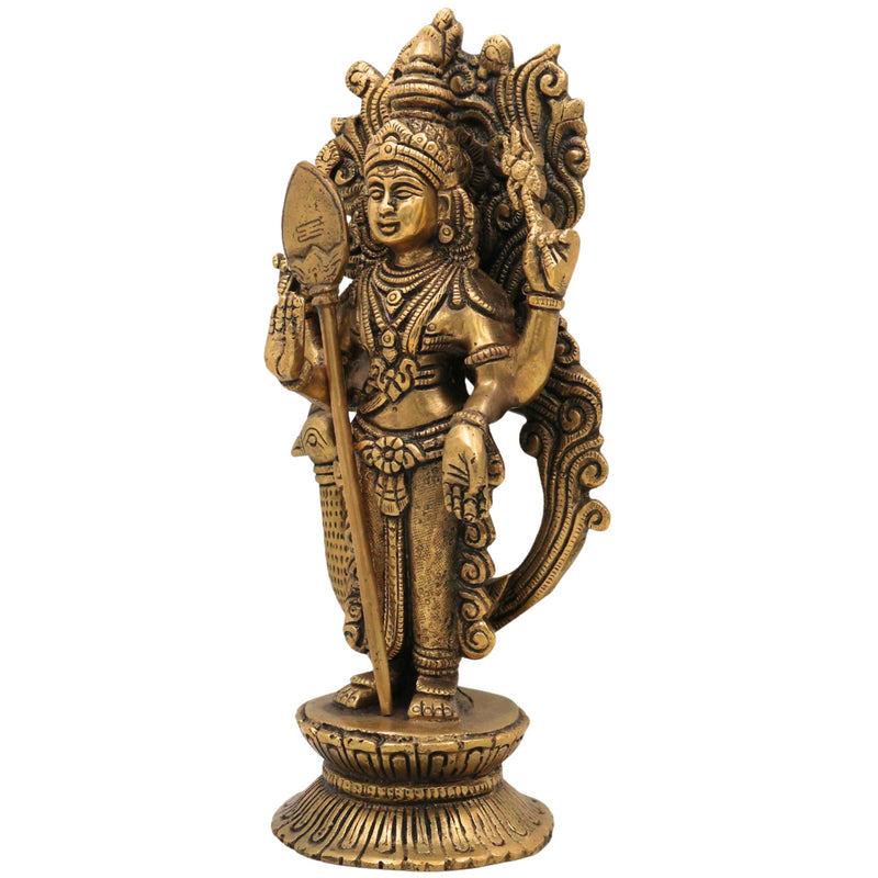 Brass Murugan Idol for Pooja | Kartikeya Skanda Subramanya Shanmukha Kumara Swamy Vel Murugan Statue | Handcrafted Peetal Moorti for Home Temple Decor & Gift,Gold, 10 Inch, 1 Piece
