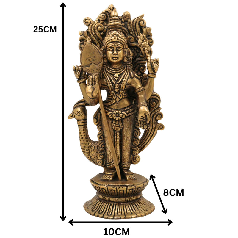 Brass Murugan Idol for Pooja | Kartikeya Skanda Subramanya Shanmukha Kumara Swamy Vel Murugan Statue | Handcrafted Peetal Moorti for Home Temple Decor & Gift,Gold, 10 Inch, 1 Piece