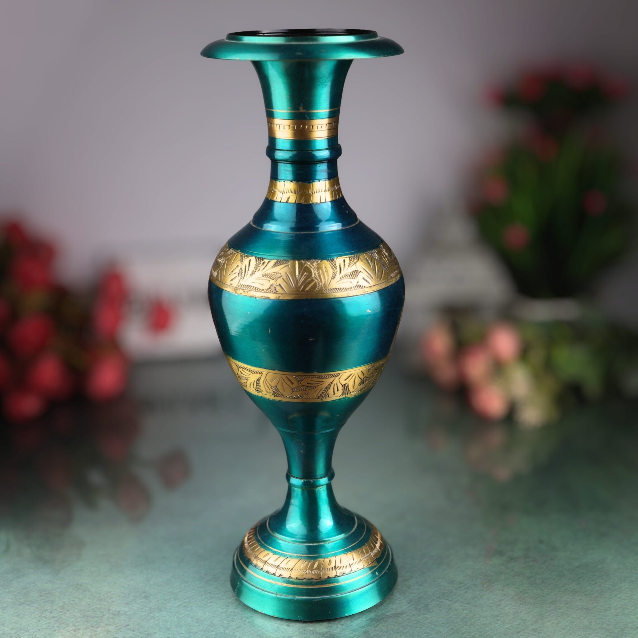 Brass Flower Vase | Brass Vases | Flower | Brass | Phooladaan | Vas | Vaz | Brass Vases For Home | Beautiful Vase | Brass Vase, Green, 15 Inch, 1 Piece