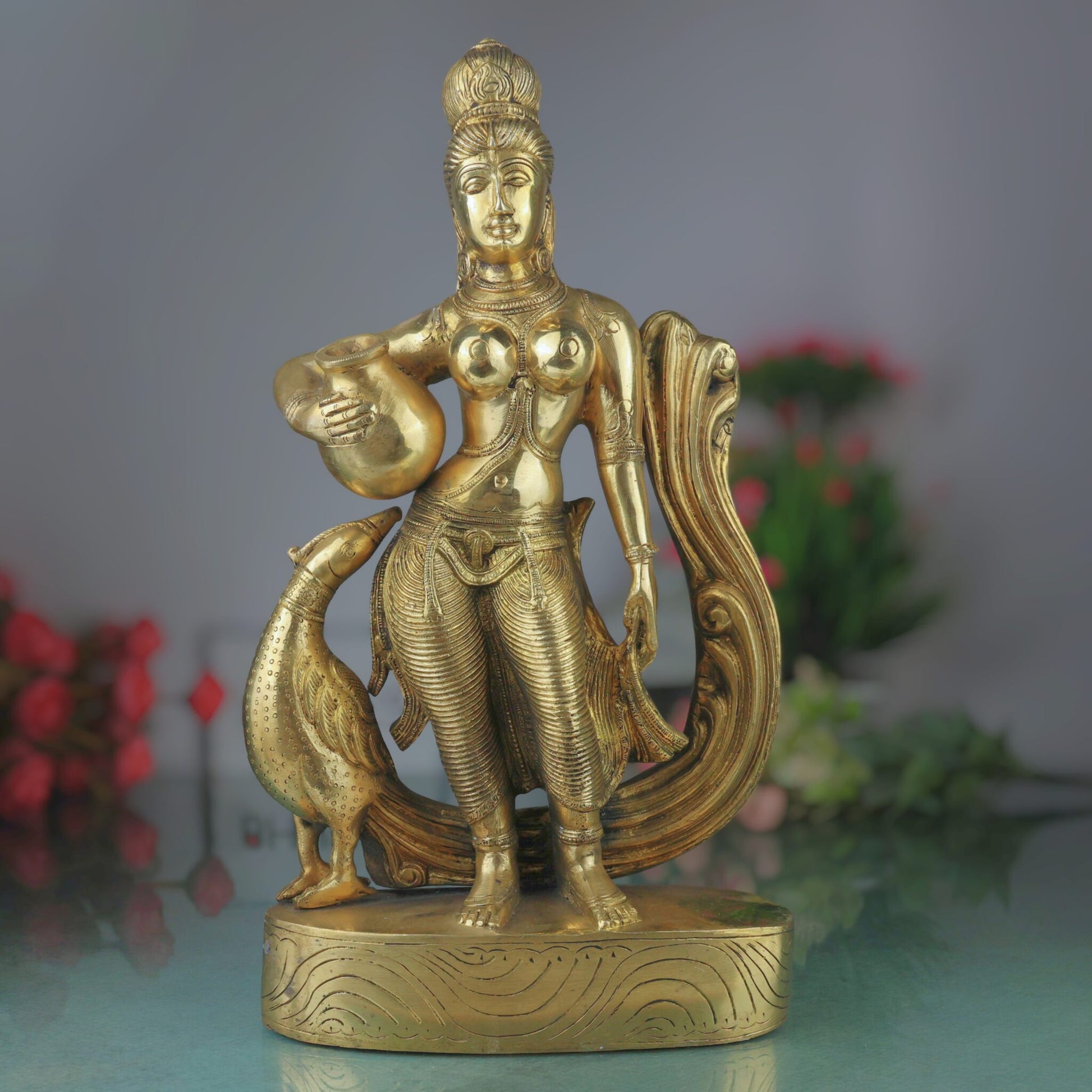 Brass Apsara Idol Urvashi Devangana Murti, Peetal Swargiya Sundari Statue, Handcrafted Pital Rambha Tilottama Sculpture, Gold, 16 Inch, 1 Piece