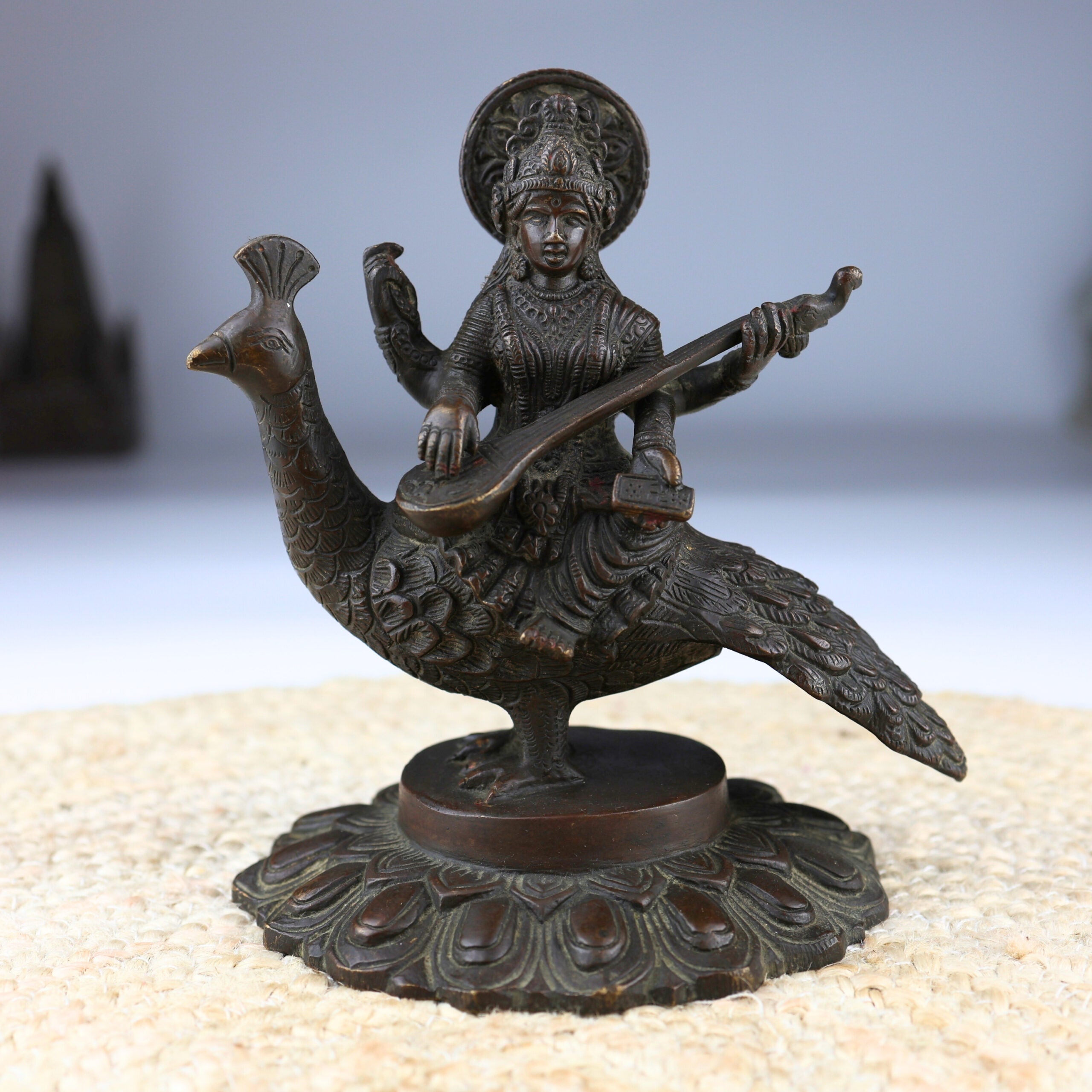 Brass Goddess Saraswati Idol, Sharada, Vagdevi, Veena Pustak Dharini Murti, Knowledge, Wisdom & Learning Statue for Home, Temple, Office Decor, Gold, 7 Inch, 1 Piece