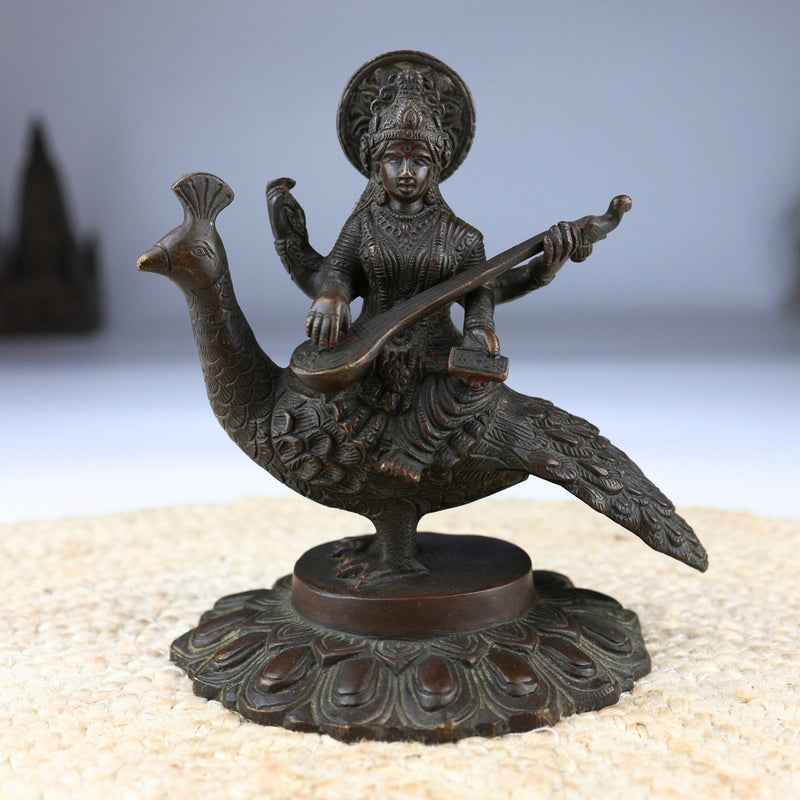 Brass Goddess Saraswati Idol, Sharada, Vagdevi, Veena Pustak Dharini Murti, Knowledge, Wisdom & Learning Statue for Home, Temple, Office Decor, Gold, 7 Inch, 1 Piece