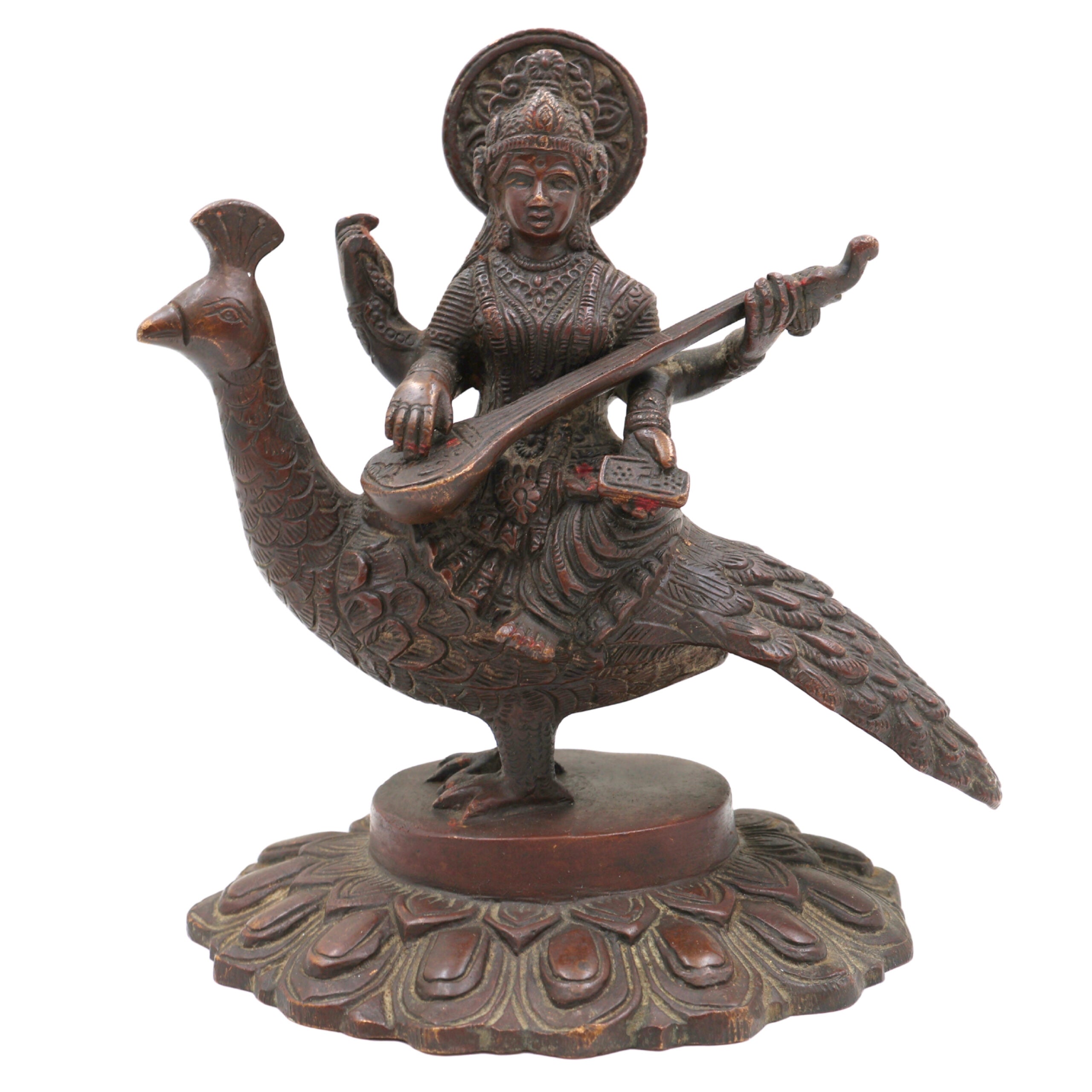 Brass Goddess Saraswati Idol, Sharada, Vagdevi, Veena Pustak Dharini Murti, Knowledge, Wisdom & Learning Statue for Home, Temple, Office Decor, Gold, 7 Inch, 1 Piece