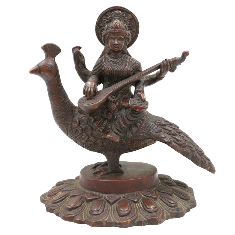 Brass Goddess Saraswati Idol, Sharada, Vagdevi, Veena Pustak Dharini Murti, Knowledge, Wisdom & Learning Statue for Home, Temple, Office Decor, Gold, 7 Inch, 1 Piece