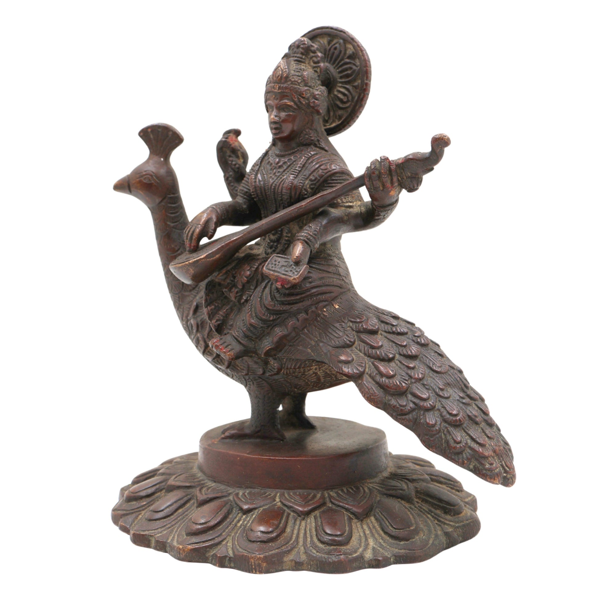 Brass Goddess Saraswati Idol, Sharada, Vagdevi, Veena Pustak Dharini Murti, Knowledge, Wisdom & Learning Statue for Home, Temple, Office Decor, Gold, 7 Inch, 1 Piece