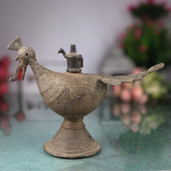 Brass Antique Oil Lamp, Vintage Pital Vilakku Diya, Handcrafted Temple Deepam of Goddess Lakshmi, Gold, 6.5 Inch, 1 Piece