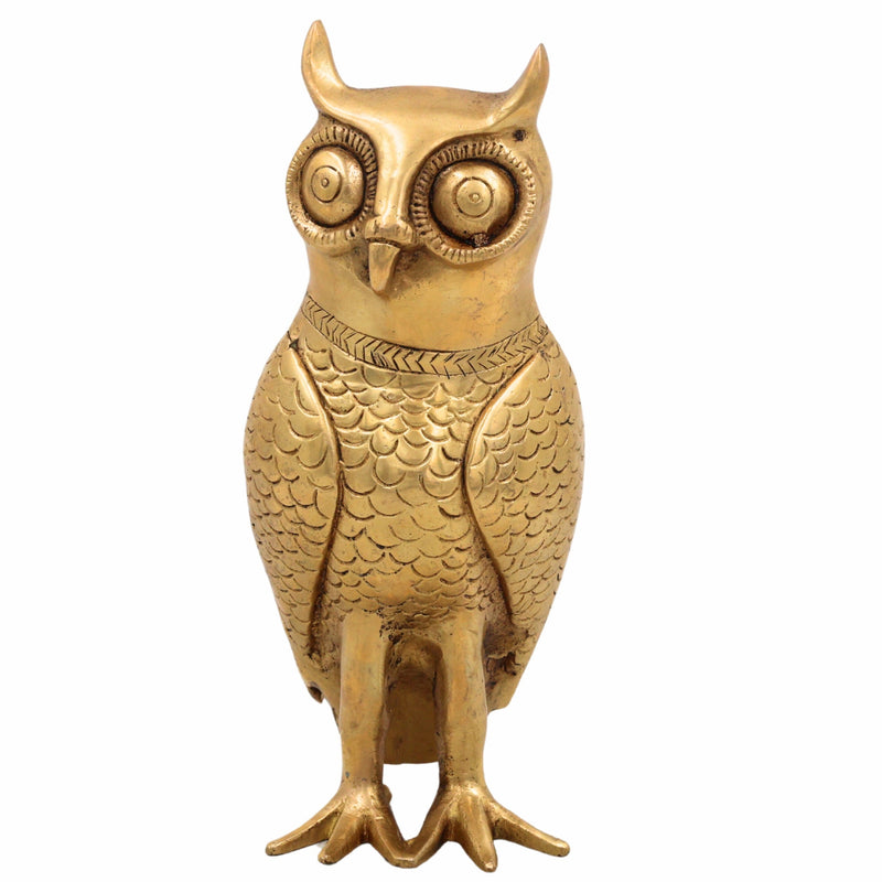 Brass Ullu Idol for Vastu | Handcrafted Peetal Owl Murti (Uluka, Gubbarellu, Pippaluk) for Wealth, Home Decor & Lakshmi Pooja,Gold, 8 Inch, 1 Piece