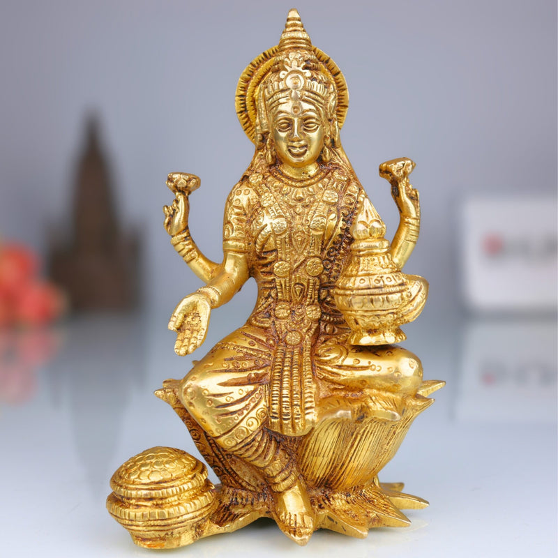 Brass Lakshmi Mata Idol – Maha Laxmi Ji Murti Sitting on Lotus for Home Temple, Pooja Decor, and Spiritual Vigraha, Gold, 7 Inch, 1 Piece
