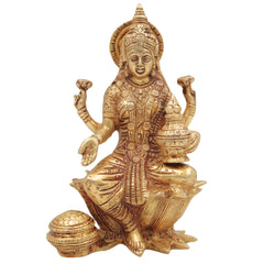 Brass Lakshmi Mata Idol – Maha Laxmi Ji Murti Sitting on Lotus for Home Temple, Pooja Decor, and Spiritual Vigraha, Gold, 7 Inch, 1 Piece