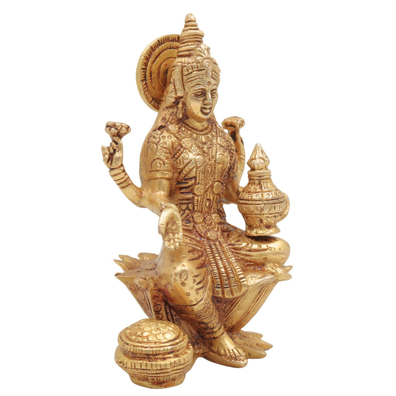 Brass Lakshmi Mata Idol – Maha Laxmi Ji Murti Sitting on Lotus for Home Temple, Pooja Decor, and Spiritual Vigraha, Gold, 7 Inch, 1 Piece