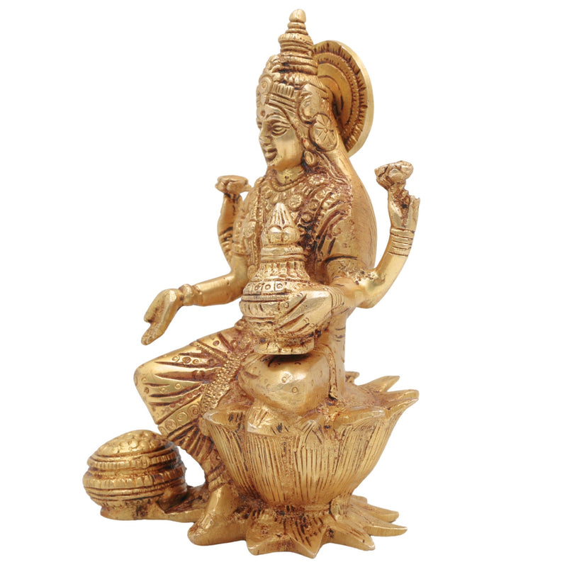 Brass Lakshmi Mata Idol – Maha Laxmi Ji Murti Sitting on Lotus for Home Temple, Pooja Decor, and Spiritual Vigraha, Gold, 7 Inch, 1 Piece