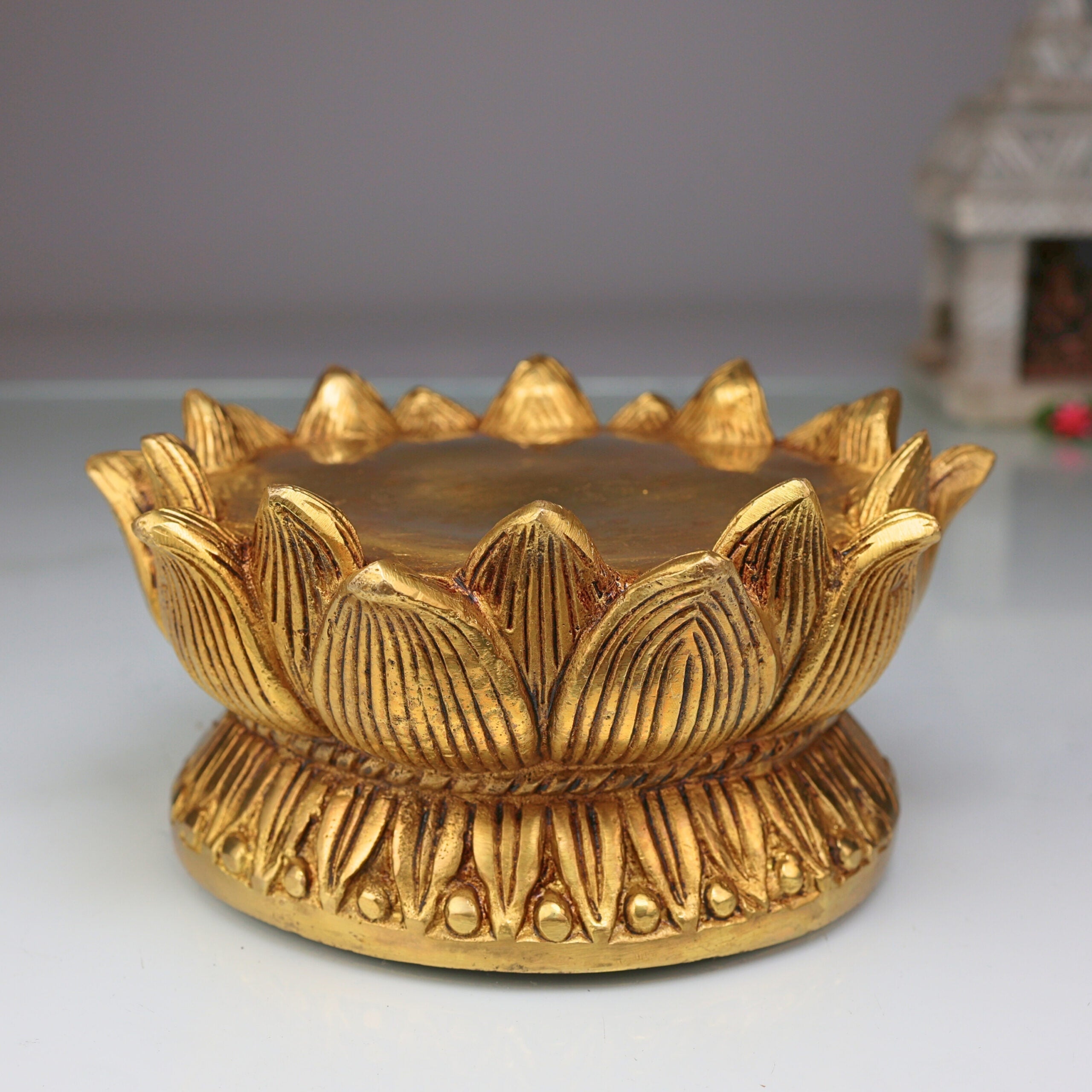 Bhunes Brass Lotus Shaped Pooja Chowki for Kalash, Kamal Bajot Peetha, Puja Aasan Peetham, Deity Platform Singhasan, Mandir Temple Stand for Idols, Home Decor, Gift, Gold, 3 Inch, 1 Piece