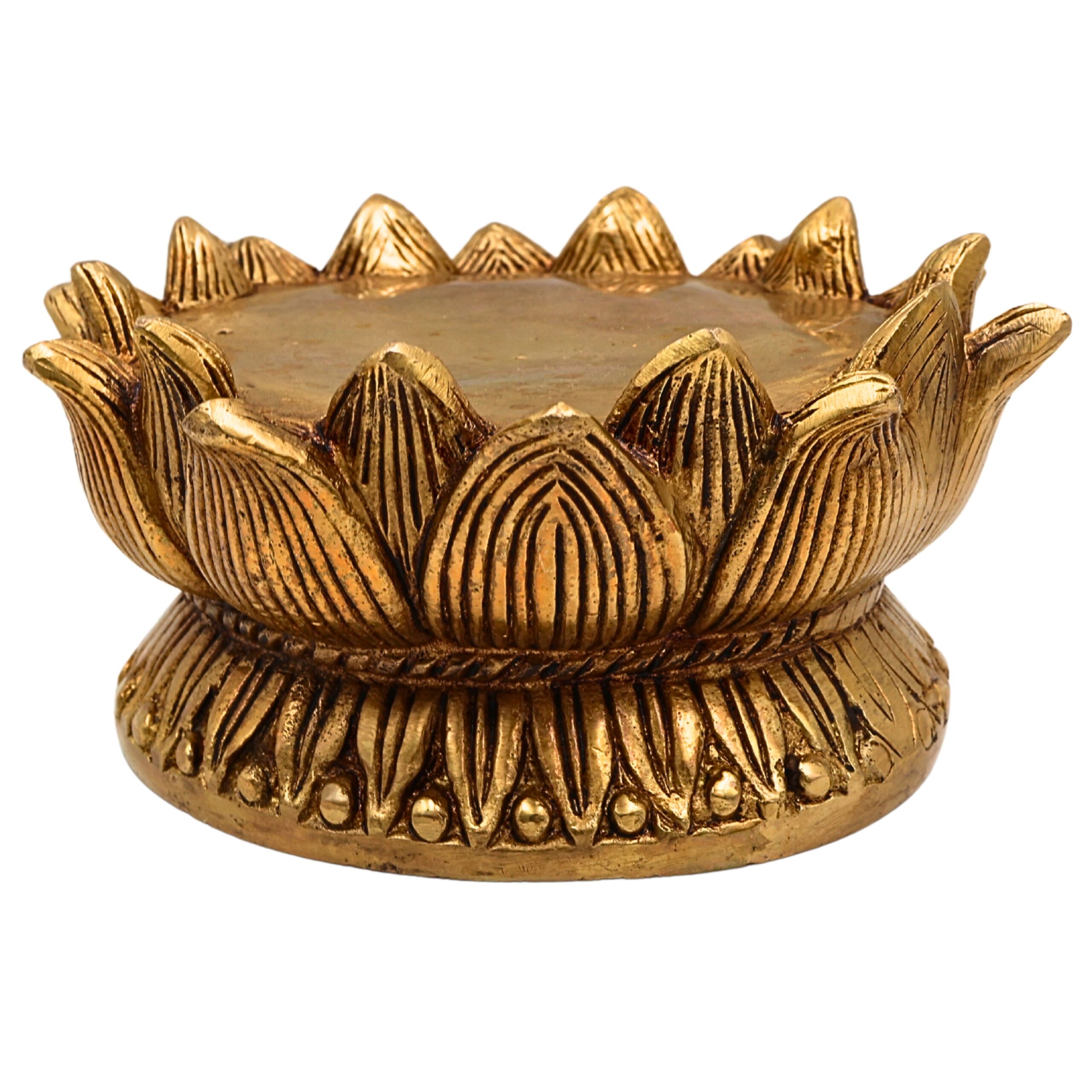 Bhunes Brass Lotus Shaped Pooja Chowki for Kalash, Kamal Bajot Peetha, Puja Aasan Peetham, Deity Platform Singhasan, Mandir Temple Stand for Idols, Home Decor, Gift, Gold, 3 Inch, 1 Piece