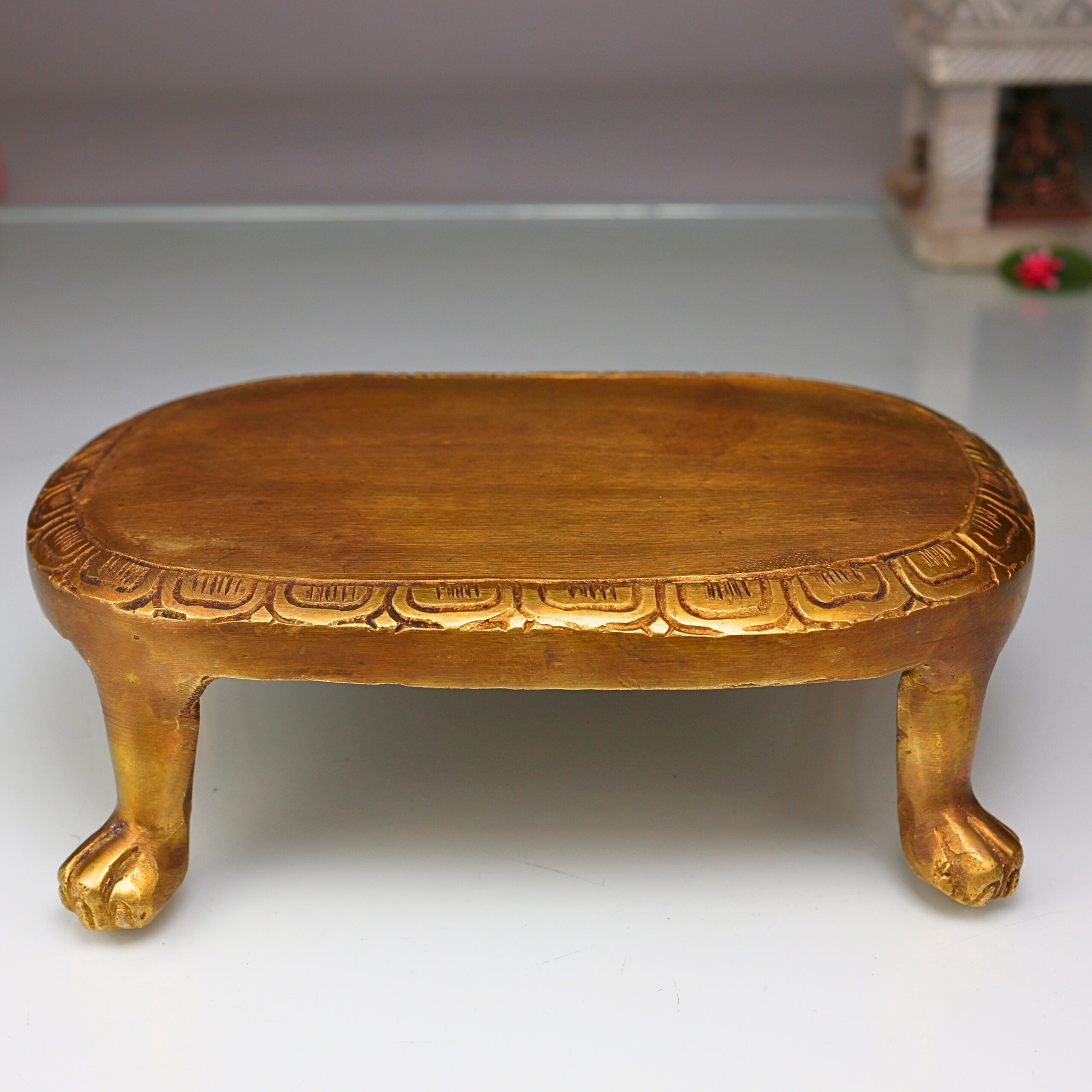 Brass Handcrafted Pooja Chowki, Traditional Peetha Sinhasan for Idols, Mandir & Kalash Stand, Gold, 2.5 Inch, 1 Piece