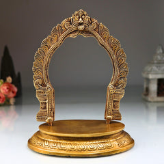 Brass Pooja Chowki with Prabhavali, Handcrafted Mandir Chowki Pedestal for Idol, Puja Stand, Ritual Puja Bajot, Home Temple Decor, Traditional Brass Altar,Gold, 8.5 Inch, 1 Piece