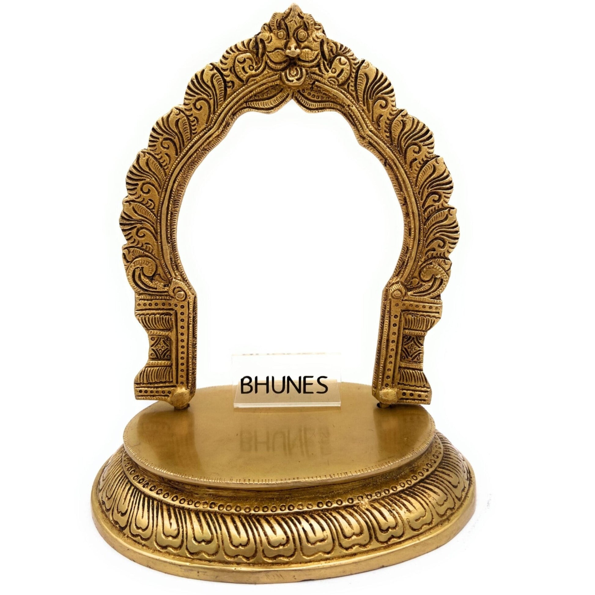 Brass Pooja Chowki with Prabhavali, Handcrafted Mandir Chowki Pedestal for Idol, Puja Stand, Ritual Puja Bajot, Home Temple Decor, Traditional Brass Altar,Gold, 8.5 Inch, 1 Piece