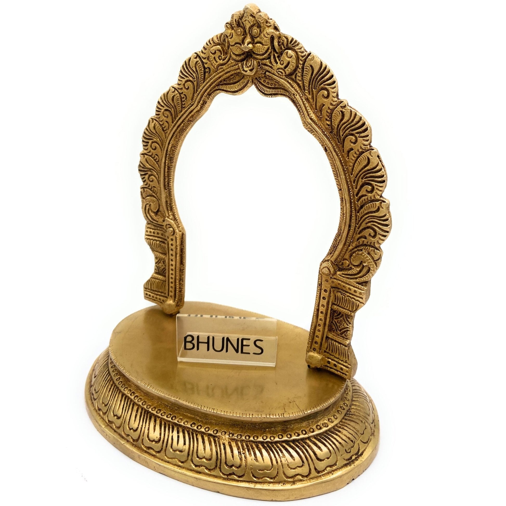Brass Pooja Chowki with Prabhavali, Handcrafted Mandir Chowki Pedestal for Idol, Puja Stand, Ritual Puja Bajot, Home Temple Decor, Traditional Brass Altar,Gold, 8.5 Inch, 1 Piece