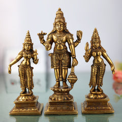 Brass Vishnu with Sridevi Bhudevi Idol | Sri Venkateswara Narayana Murti | Keshava Srinivasa Padmanabha Vigraham for Pooja & Home Decor | Handcrafted Brass Statue, Gold, 7 Inch, 1 Piece
