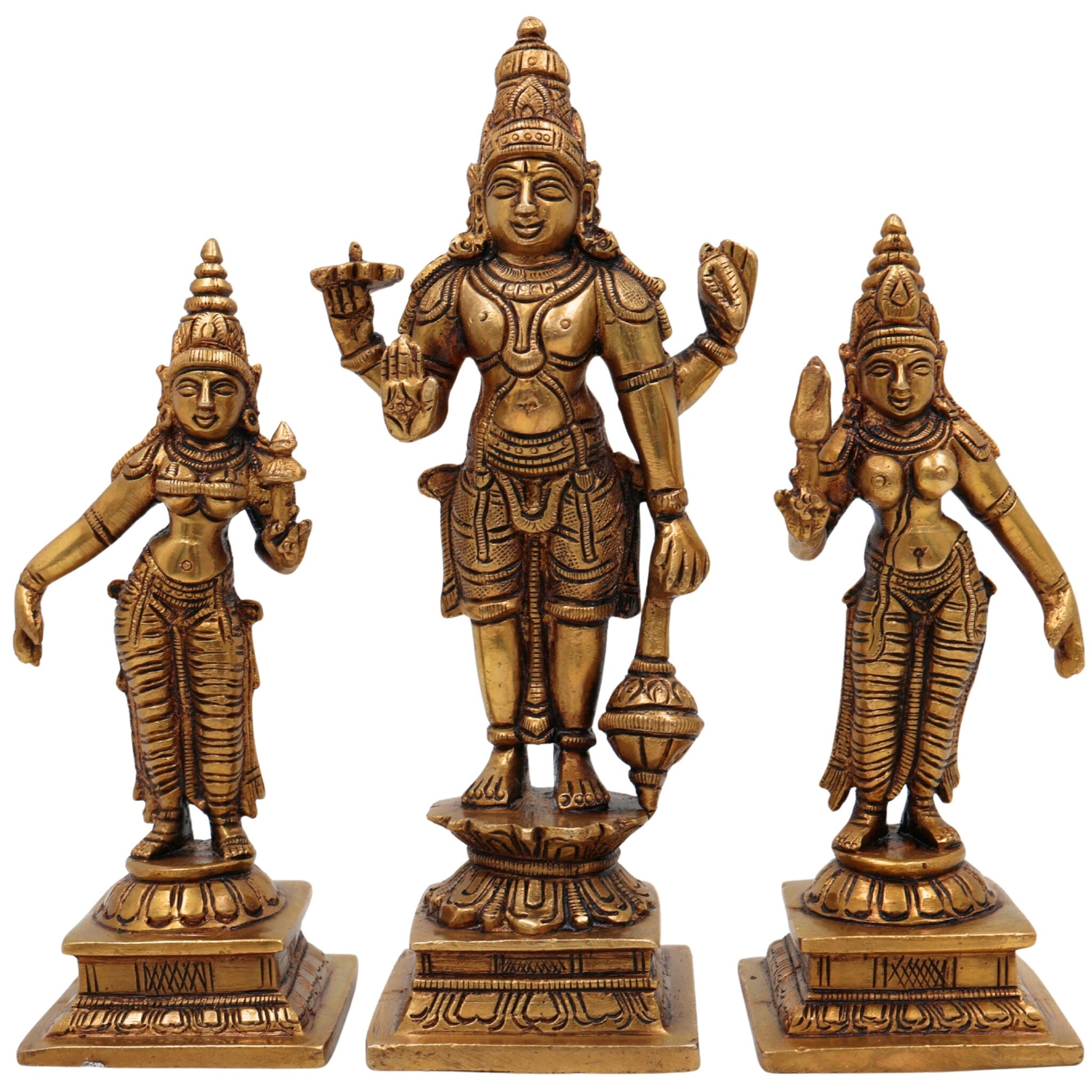 Brass Vishnu with Sridevi Bhudevi Idol | Sri Venkateswara Narayana Murti | Keshava Srinivasa Padmanabha Vigraham for Pooja & Home Decor | Handcrafted Brass Statue, Gold, 7 Inch, 1 Piece