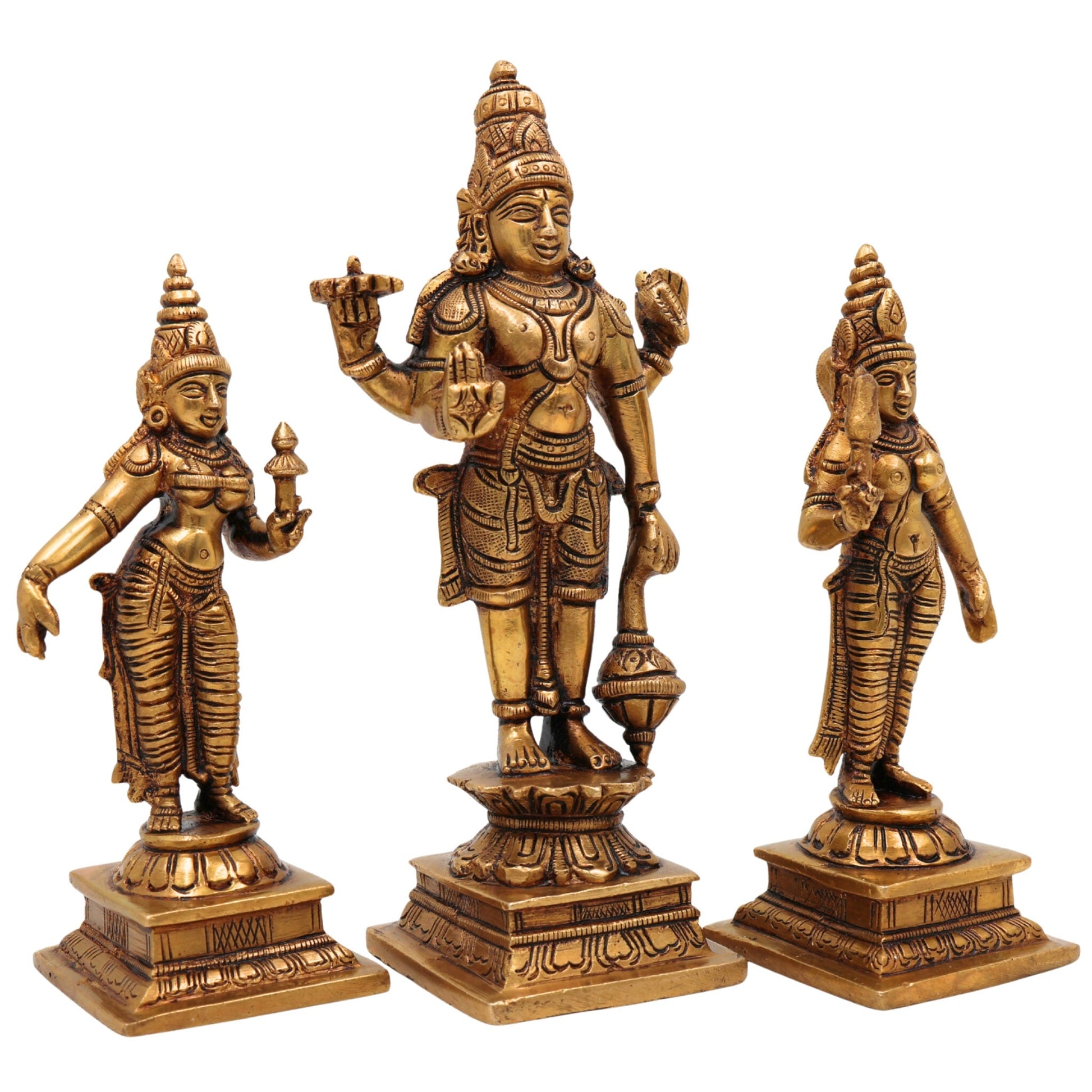 Brass Vishnu with Sridevi Bhudevi Idol | Sri Venkateswara Narayana Murti | Keshava Srinivasa Padmanabha Vigraham for Pooja & Home Decor | Handcrafted Brass Statue, Gold, 7 Inch, 1 Piece