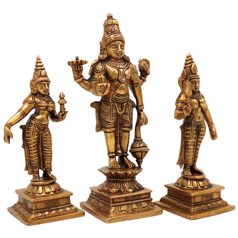 Brass Vishnu with Sridevi Bhudevi Idol | Sri Venkateswara Narayana Murti | Keshava Srinivasa Padmanabha Vigraham for Pooja & Home Decor | Handcrafted Brass Statue, Gold, 7 Inch, 1 Piece