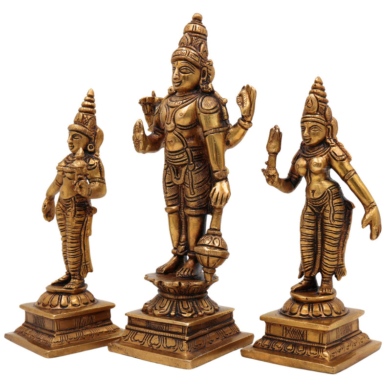 Brass Vishnu with Sridevi Bhudevi Idol | Sri Venkateswara Narayana Murti | Keshava Srinivasa Padmanabha Vigraham for Pooja & Home Decor | Handcrafted Brass Statue, Gold, 7 Inch, 1 Piece