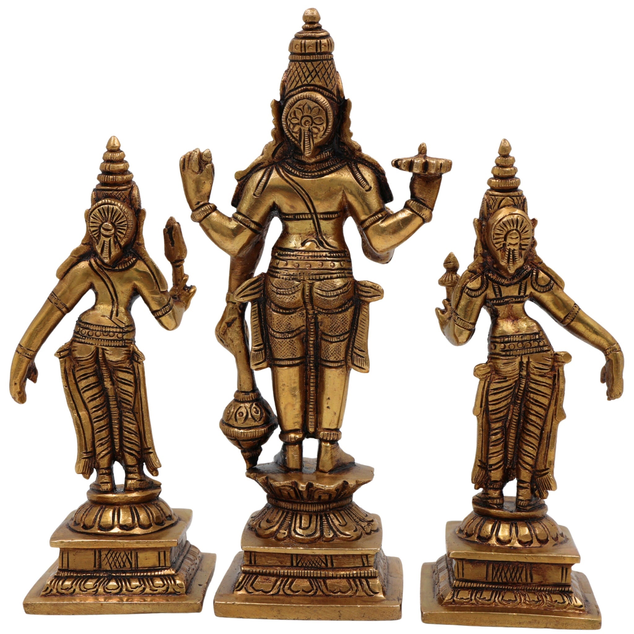 Brass Vishnu with Sridevi Bhudevi Idol | Sri Venkateswara Narayana Murti | Keshava Srinivasa Padmanabha Vigraham for Pooja & Home Decor | Handcrafted Brass Statue, Gold, 7 Inch, 1 Piece