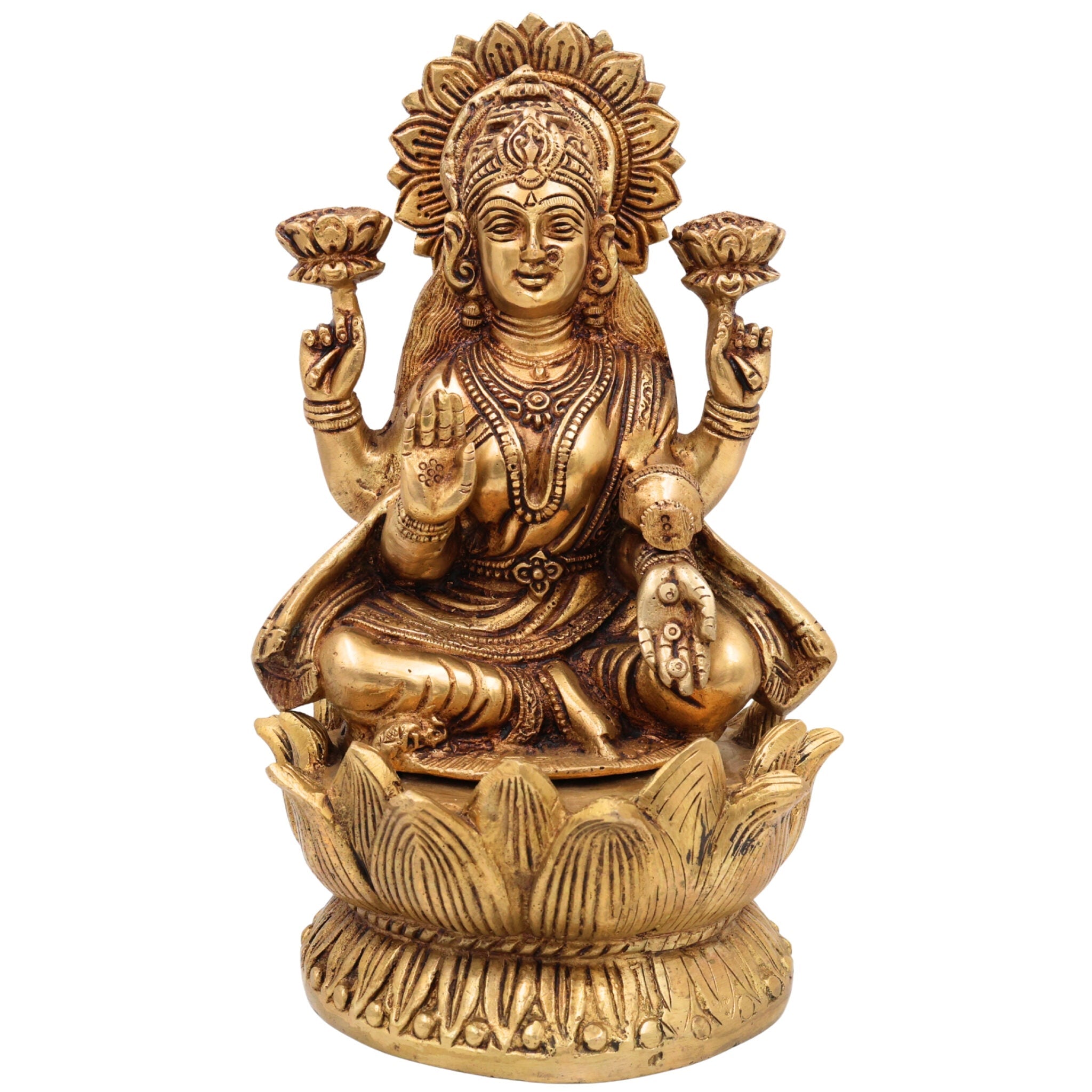 Brass Lakshmi Idol – Mahalakshmi | Kamala Devi | Shri Laxmi Murti for Pooja, Temple & Home Decor,Gold, 11 Inch, 1 Piece