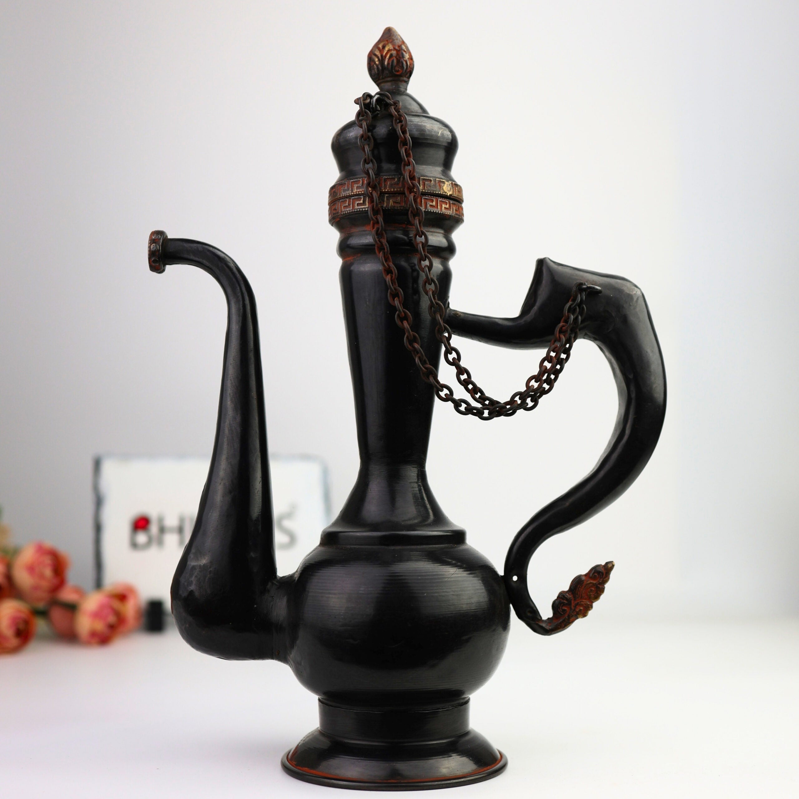 Handcrafted Peetal Brass Kettle Idol | Traditional Pittal Surahi Chai Pot | Vintage Hitale Water Jug for Pooja, Decor & Gift | Ethnic Indian Pittala Sculpture,Brown, 11 Inch, 1 Piece