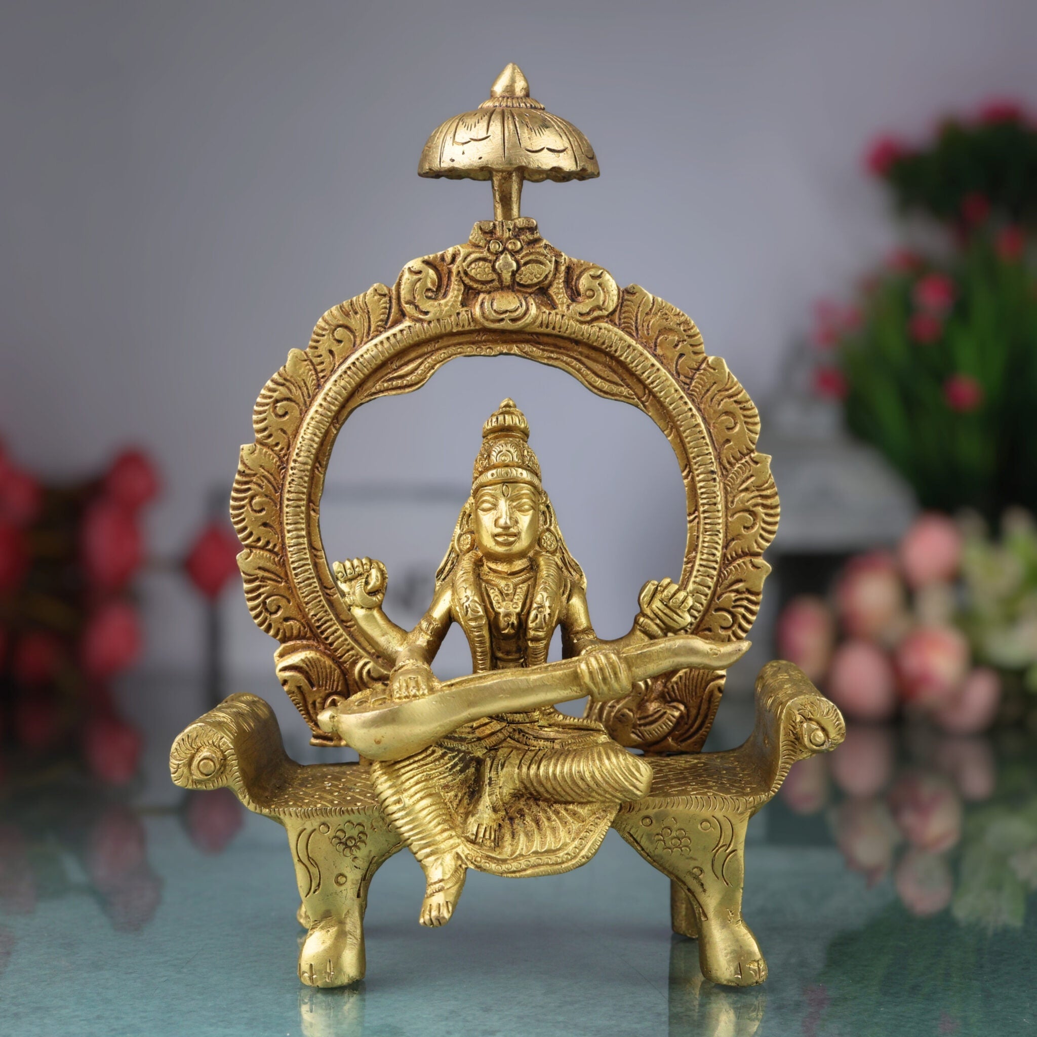 Brass Saraswati Idol Peetal Sharada Devi Statue Vani Vagdevi Murti for Pooja Room Home Temple Decor, Gold, 8 Inch, 1 Piece