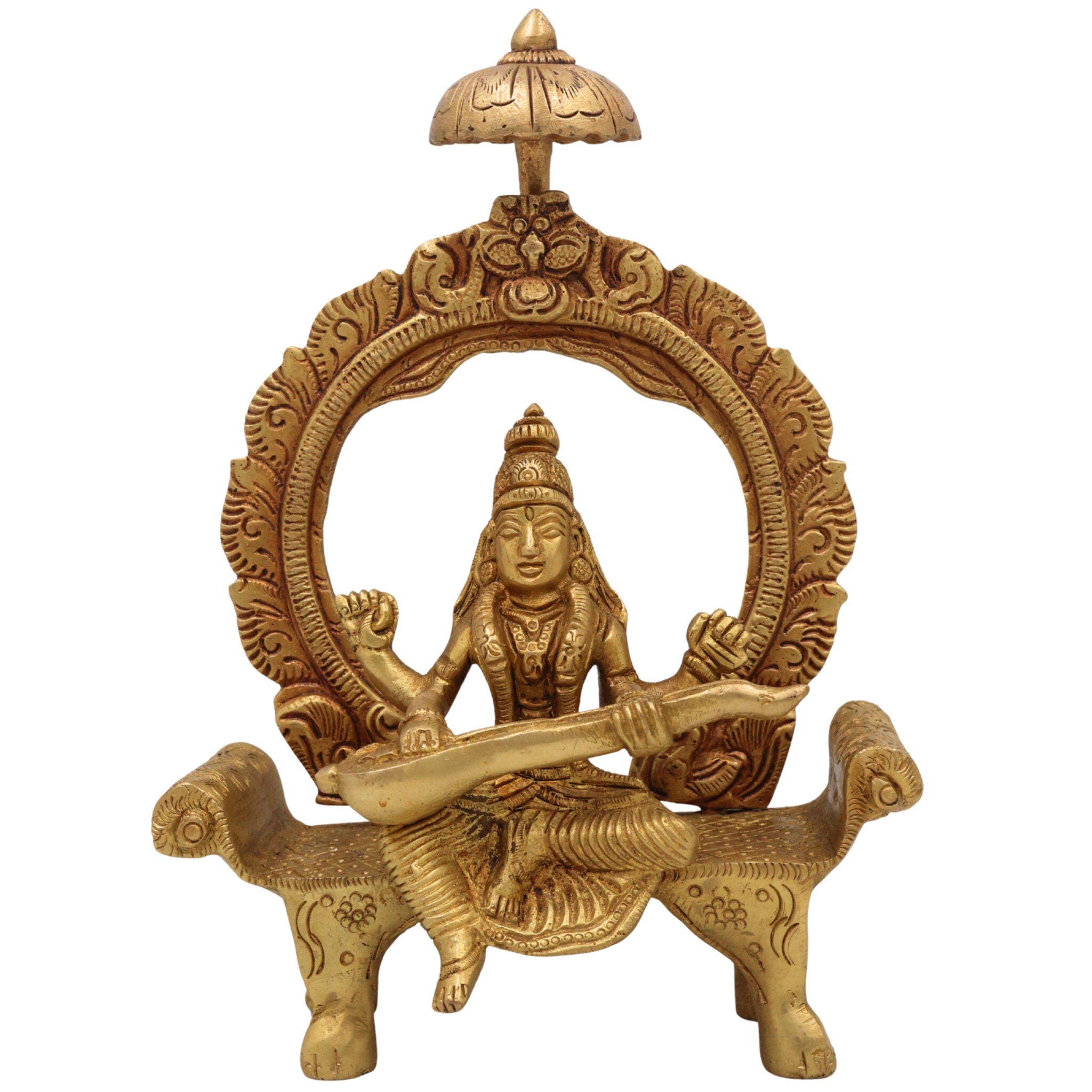 Brass Saraswati Idol Peetal Sharada Devi Statue Vani Vagdevi Murti for Pooja Room Home Temple Decor, Gold, 8 Inch, 1 Piece