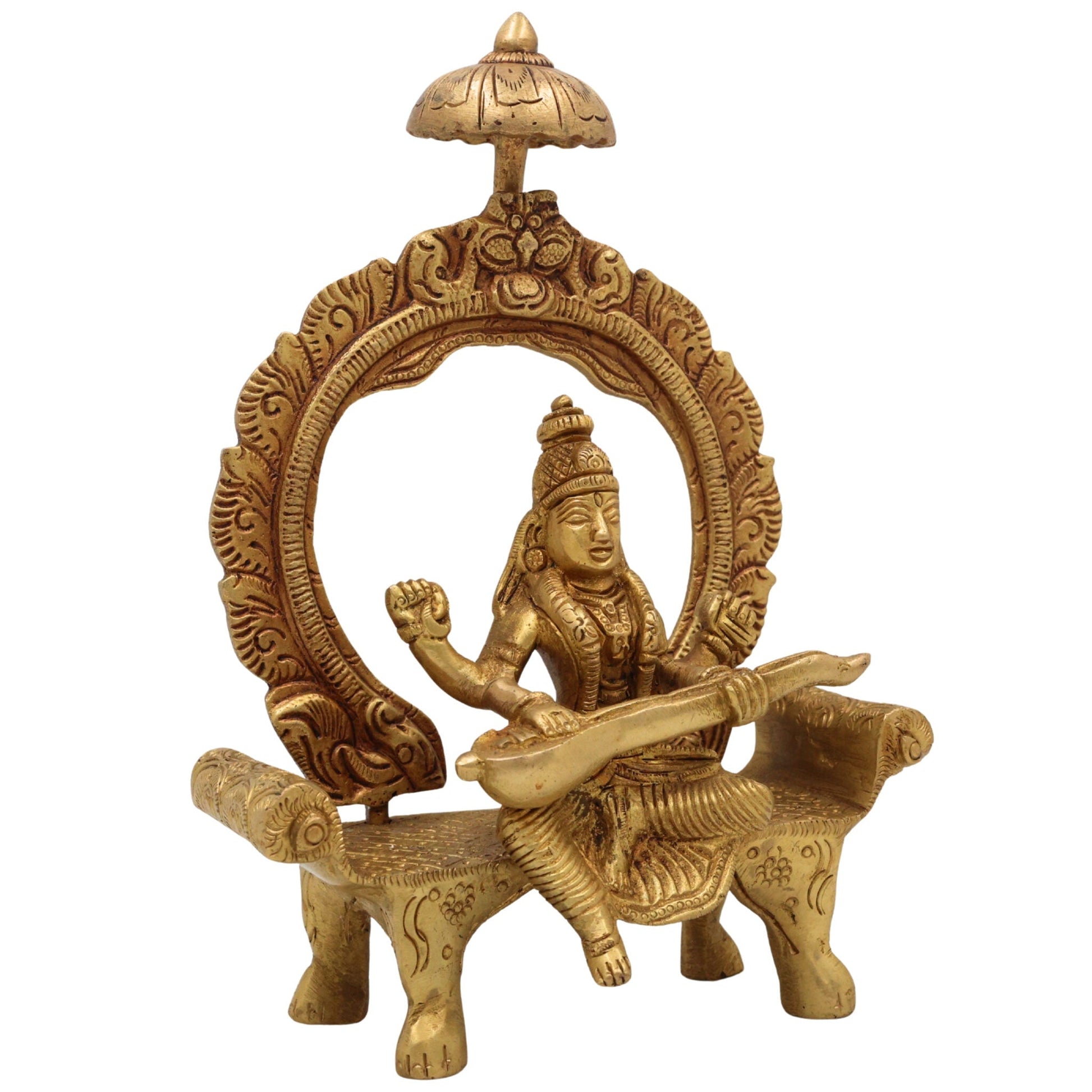 Brass Saraswati Idol Peetal Sharada Devi Statue Vani Vagdevi Murti for Pooja Room Home Temple Decor, Gold, 8 Inch, 1 Piece