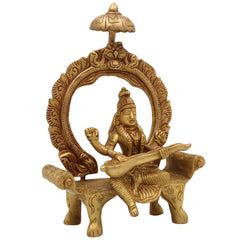 Brass Saraswati Idol Peetal Sharada Devi Statue Vani Vagdevi Murti for Pooja Room Home Temple Decor, Gold, 8 Inch, 1 Piece