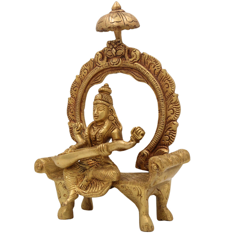 Brass Saraswati Idol Peetal Sharada Devi Statue Vani Vagdevi Murti for Pooja Room Home Temple Decor, Gold, 8 Inch, 1 Piece