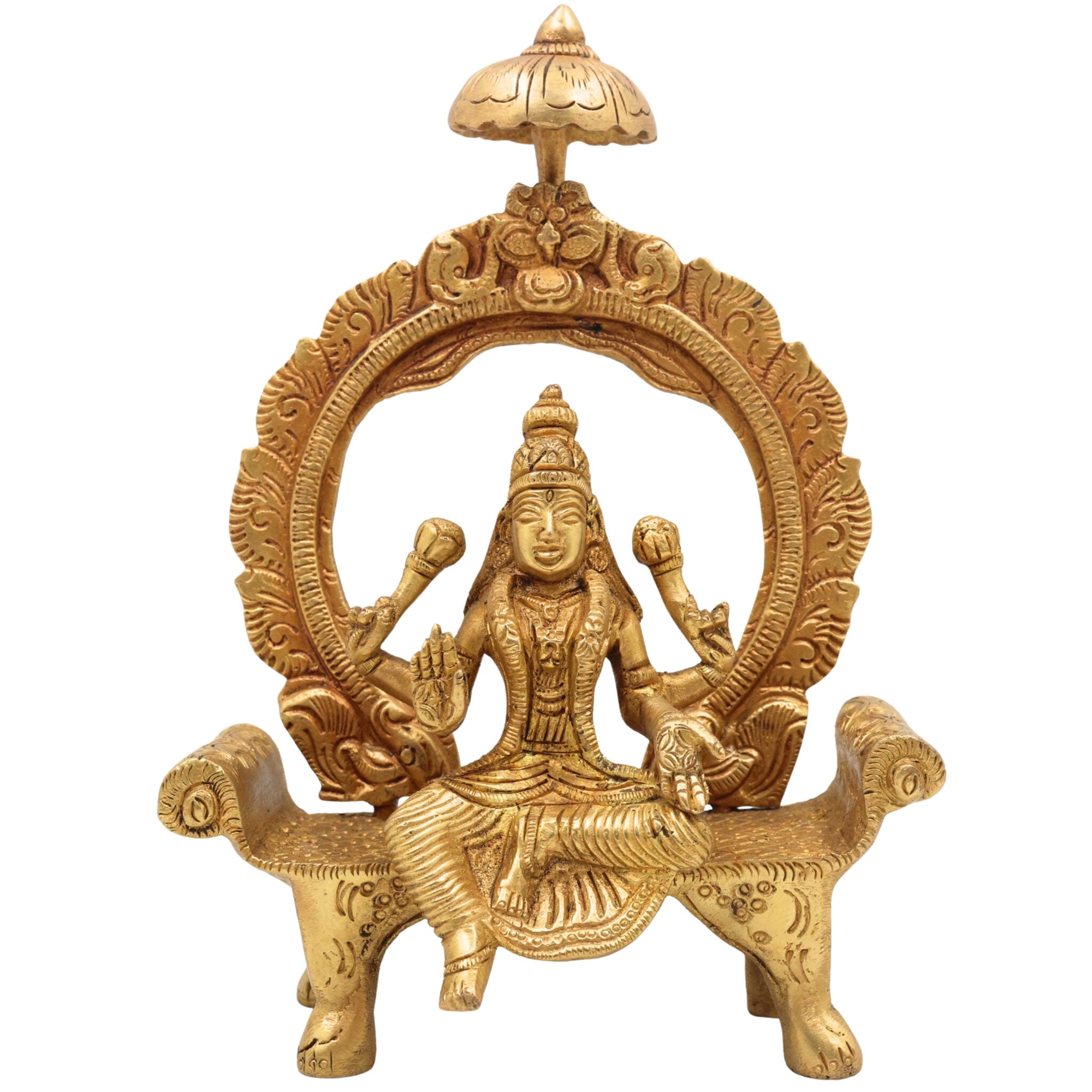 Brass Mahalakshmi Idol with Prabhavali | Shri Lakshmi Devi Murti for Pooja, Padmavati Laxmi Statue for Home Temple & Gifts, Gold, 8 Inch, 1 Piece