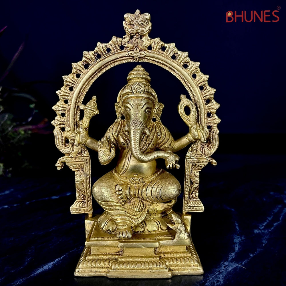 Brass Ganesha Idol, Siddhivinayak Murti, Vinayaka Statue, Ganapati Figurine, Vighnaharta Lord, Lambodara Elephant God, Ekadanta Home Decor & Pooja Idol,Gold, 8 Inch, 1 Piece
