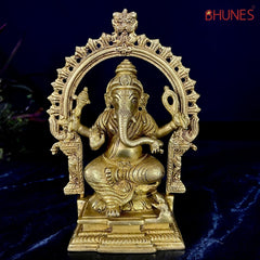 Brass Ganesha Idol, Siddhivinayak Murti, Vinayaka Statue, Ganapati Figurine, Vighnaharta Lord, Lambodara Elephant God, Ekadanta Home Decor & Pooja Idol,Gold, 8 Inch, 1 Piece