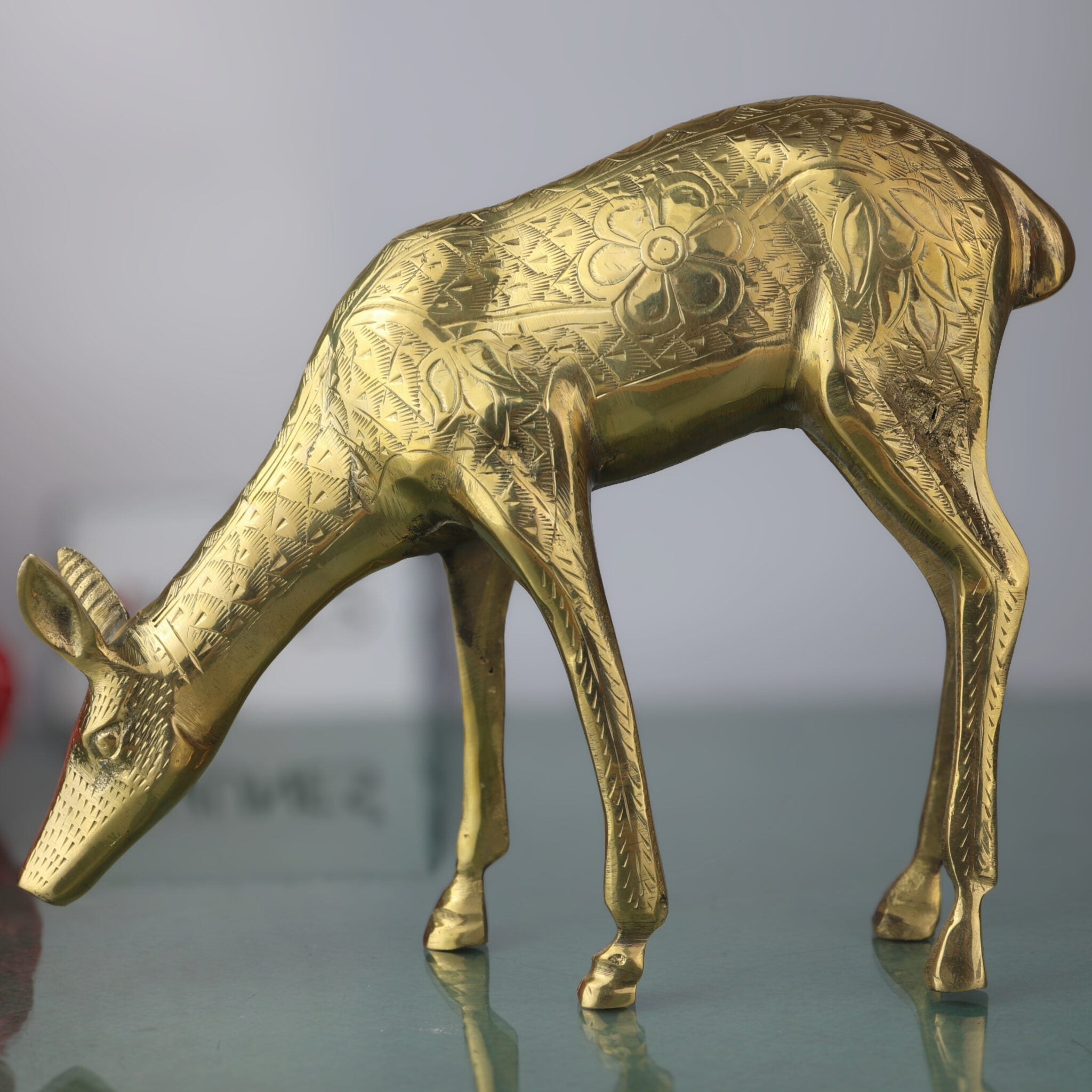 Brass Deer Idol | Mriga, Harin, Maan, Jinka, Blackbuck Statue | Peetal, Pittal, Vellipittalam Showpiece, Gold, 8 Inch, 1 Piece