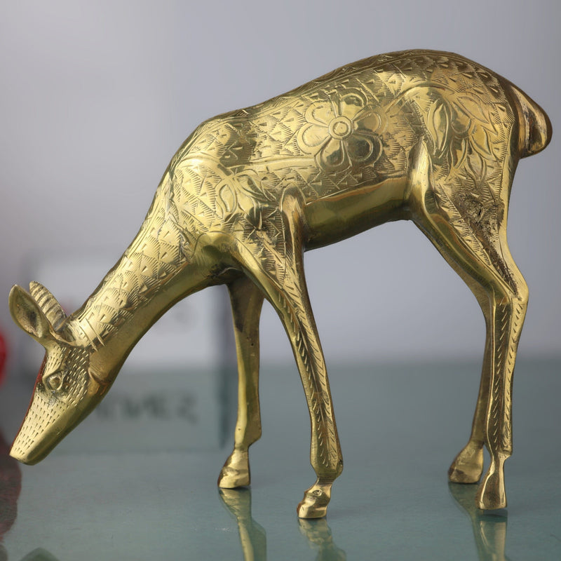 Brass Deer Idol | Mriga, Harin, Maan, Jinka, Blackbuck Statue | Peetal, Pittal, Vellipittalam Showpiece, Gold, 8 Inch, 1 Piece