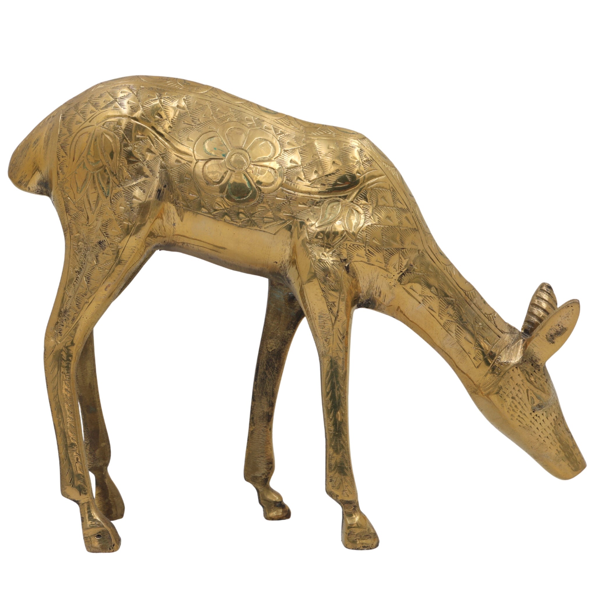 Brass Deer Idol | Mriga, Harin, Maan, Jinka, Blackbuck Statue | Peetal, Pittal, Vellipittalam Showpiece, Gold, 8 Inch, 1 Piece