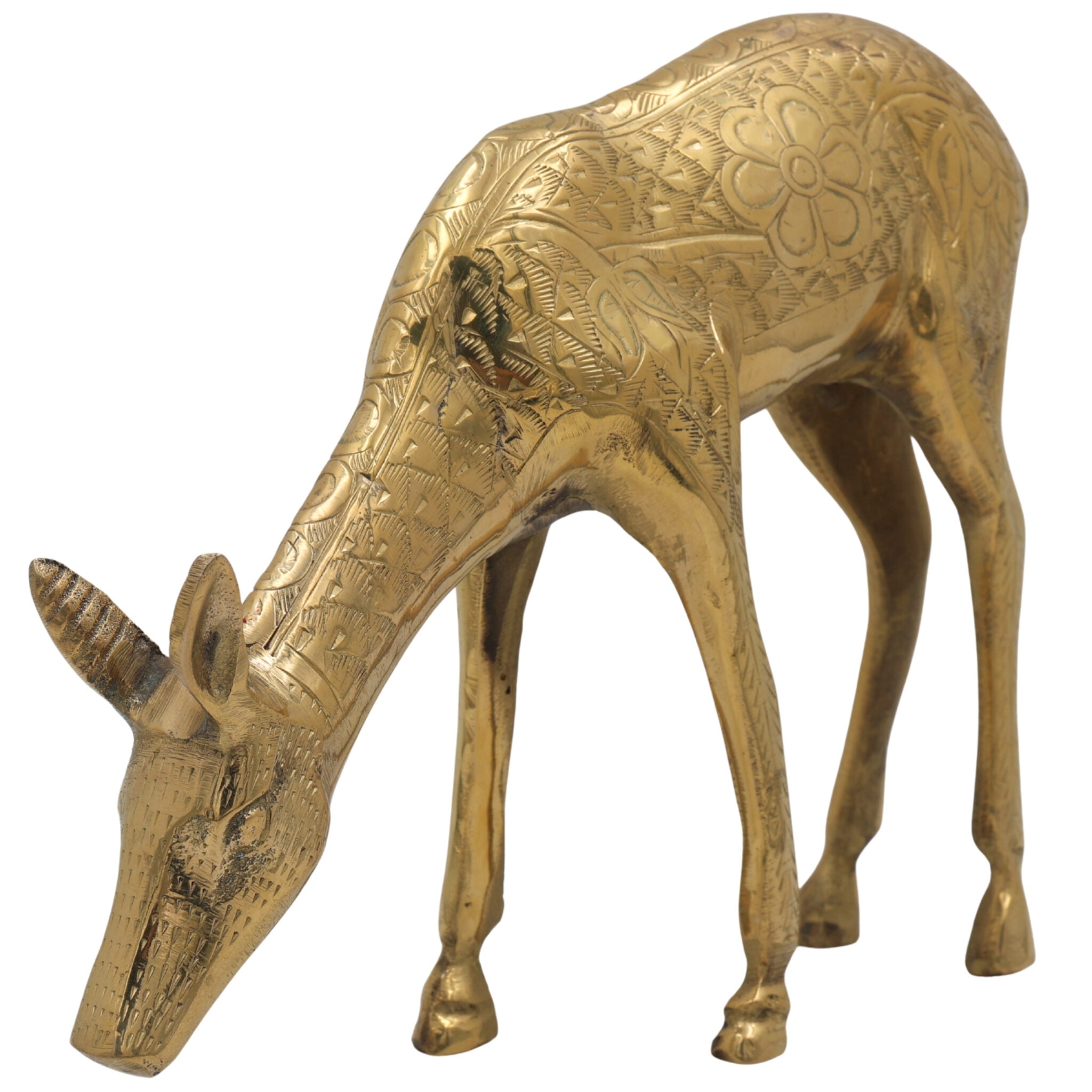 Brass Deer Idol | Mriga, Harin, Maan, Jinka, Blackbuck Statue | Peetal, Pittal, Vellipittalam Showpiece, Gold, 8 Inch, 1 Piece