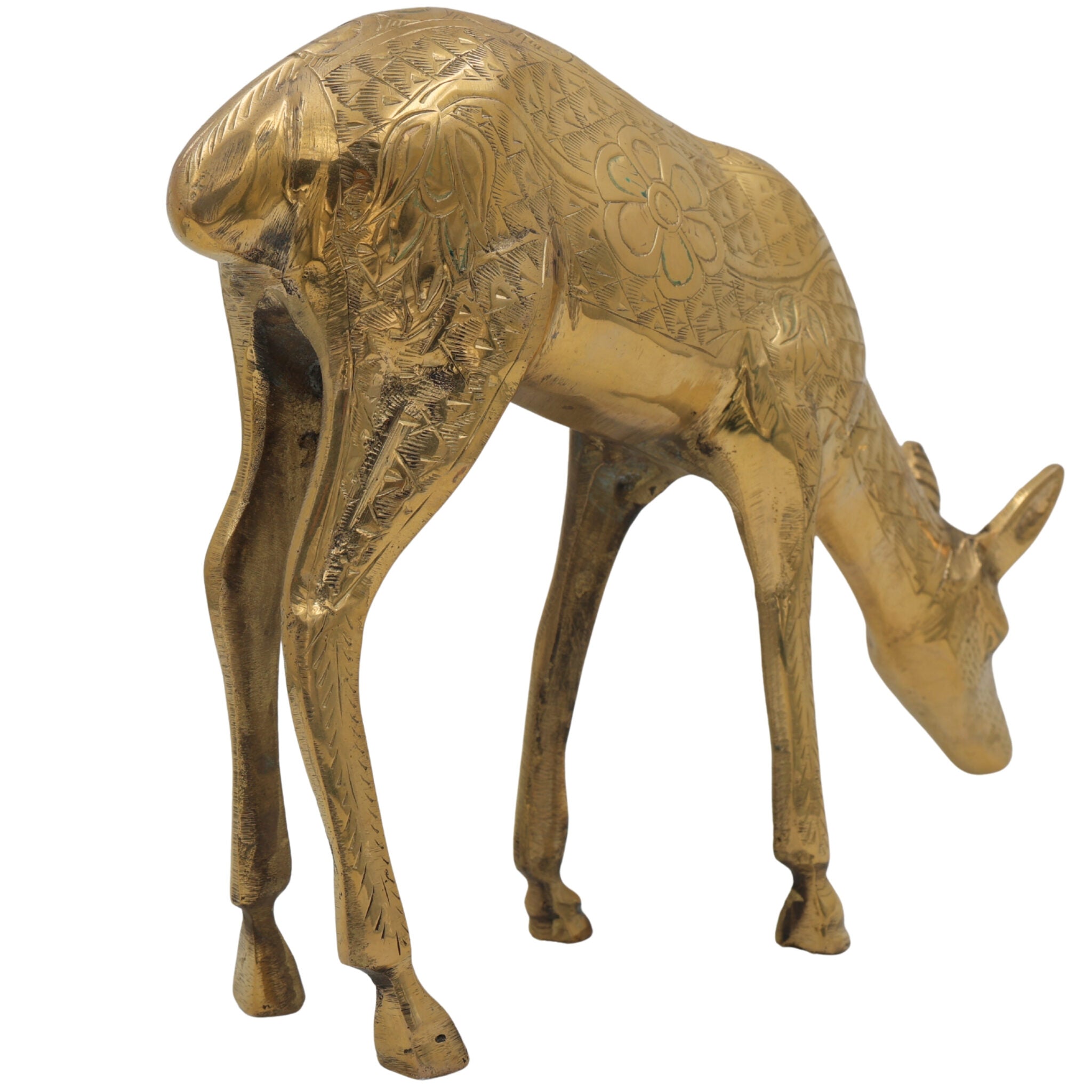 Brass Deer Idol | Mriga, Harin, Maan, Jinka, Blackbuck Statue | Peetal, Pittal, Vellipittalam Showpiece, Gold, 8 Inch, 1 Piece