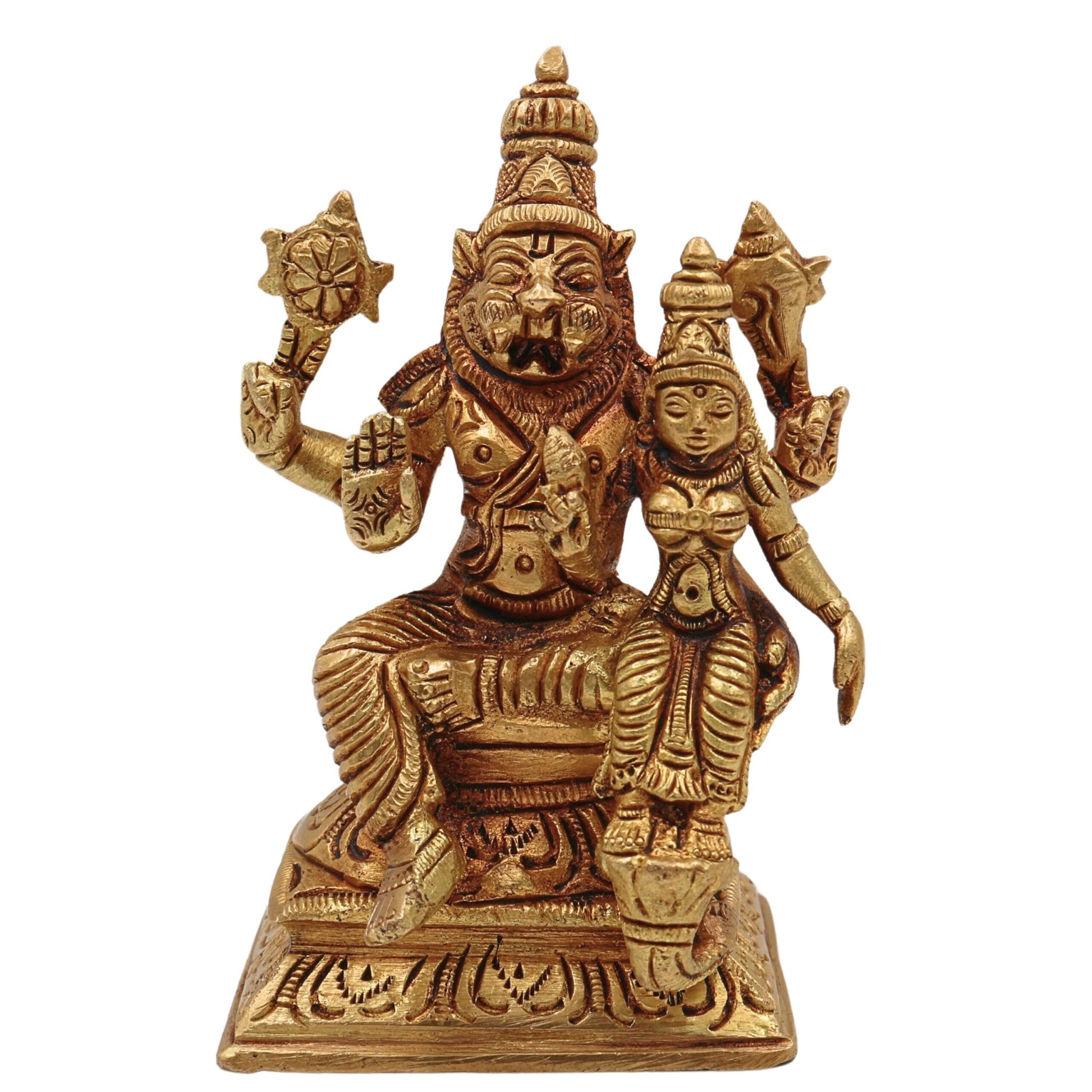 Brass Lakshmi Narasimha Swamy Idol – Handcrafted Yoga Narasingha Pital Silai for Pooja, Home Decor & Gifting, Gold, 5 Inch, 1 Piece