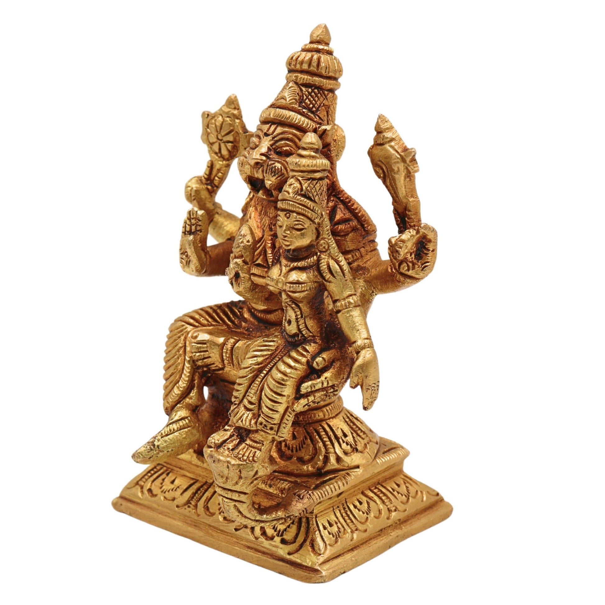 Brass Lakshmi Narasimha Swamy Idol – Handcrafted Yoga Narasingha Pital Silai for Pooja, Home Decor & Gifting, Gold, 5 Inch, 1 Piece