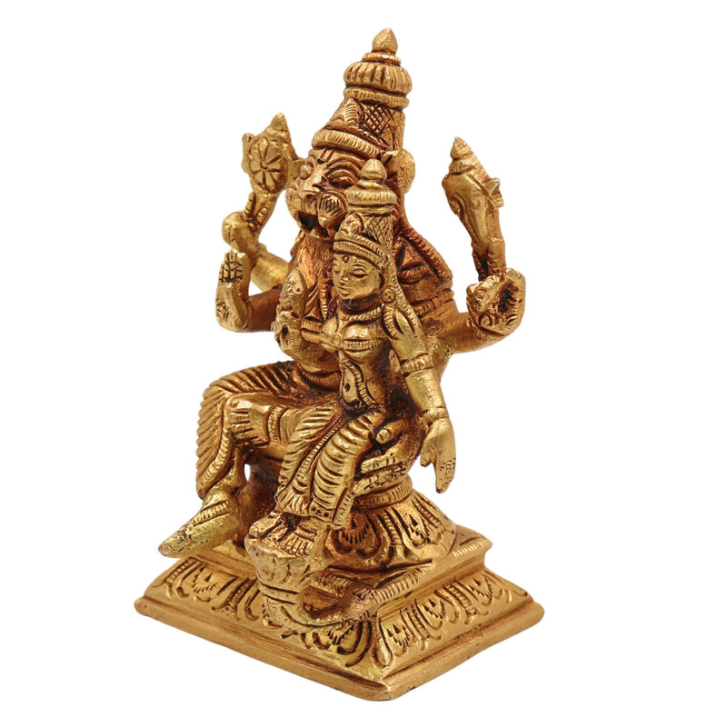 Brass Lakshmi Narasimha Swamy Idol – Handcrafted Yoga Narasingha Pital Silai for Pooja, Home Decor & Gifting, Gold, 5 Inch, 1 Piece