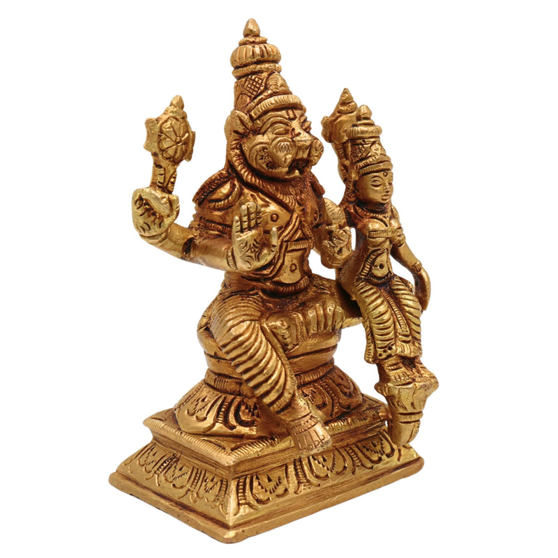 Brass Lakshmi Narasimha Swamy Idol – Handcrafted Yoga Narasingha Pital Silai for Pooja, Home Decor & Gifting, Gold, 5 Inch, 1 Piece