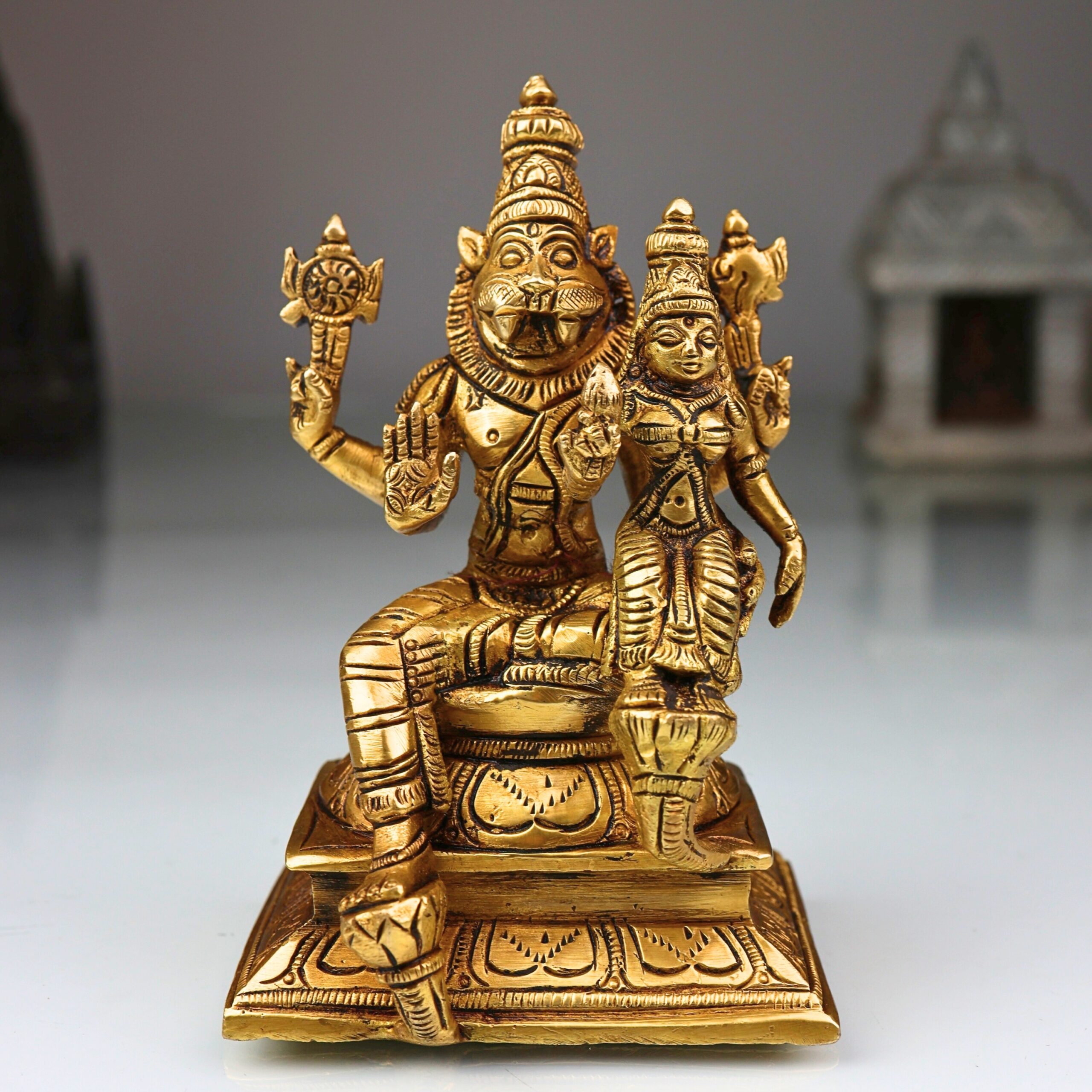 Brass Lakshmi Narasimha Swamy Idol, Handcrafted Pital Silai for Pooja & Home Decor, Gold, 5 Inch, 1 Piece