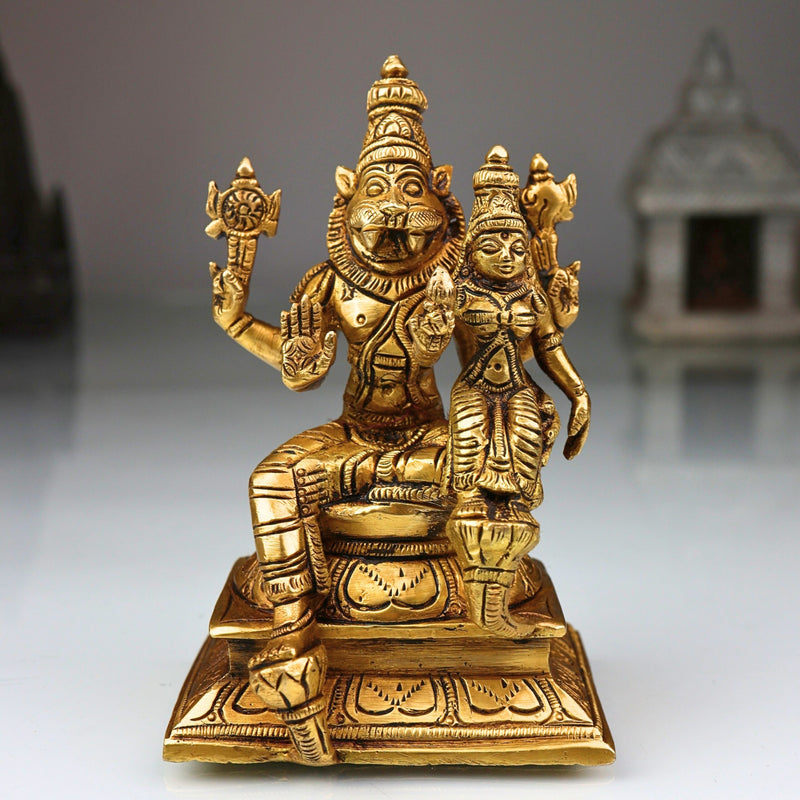 Brass Lakshmi Narasimha Swamy Idol, Handcrafted Pital Silai for Pooja & Home Decor, Gold, 5 Inch, 1 Piece