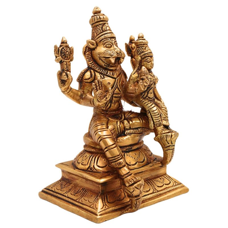 Brass Lakshmi Narasimha Swamy Idol, Handcrafted Pital Silai for Pooja & Home Decor, Gold, 5 Inch, 1 Piece